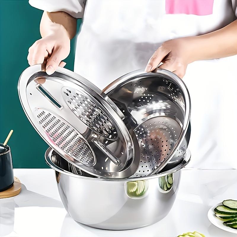 3-Piece Stainless Steel Multifunctional Strainers And Mixing Bowls For Washing And Slicing Fruits Vegetables Kitchen Accessories