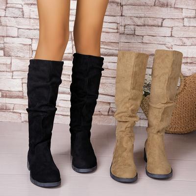 Fashion Pleated Boots Women Faux Suede Flock Knee High Boots 2024 Winter Women Fashion Slip On Square Low Heel Knight Booties Mujer