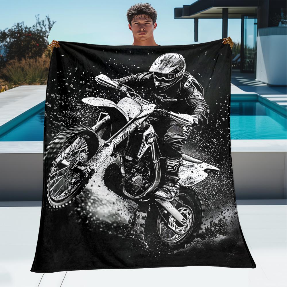 Motorcycle Rider Dirt Bike Action Fleece Blanket Black White Graphic Throw Blanket Biker Theme Soft Plush Bedding Gift for Men