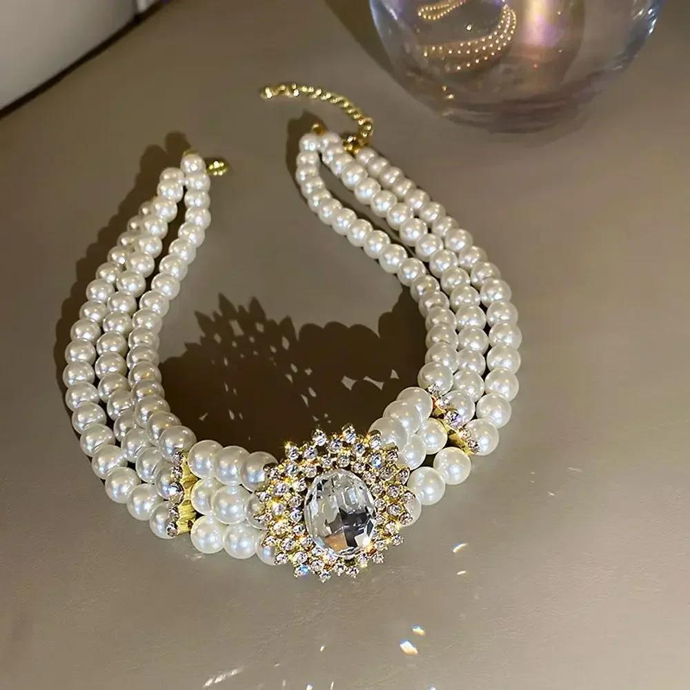 Vintage Elegant Multi Layer Pearl Necklace Luxury Shiny Rhinestone Pendant Necklace for Female Party Jewelry Accessories