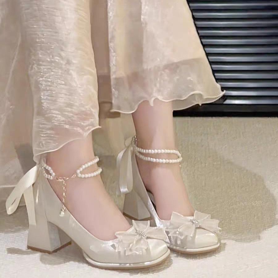 Fashion Bow Block Heel Single Shoes Autumn New Square Toe Shallow Mouth Beaded One Strap Anti-Slip Wear-Resistant High Heels
