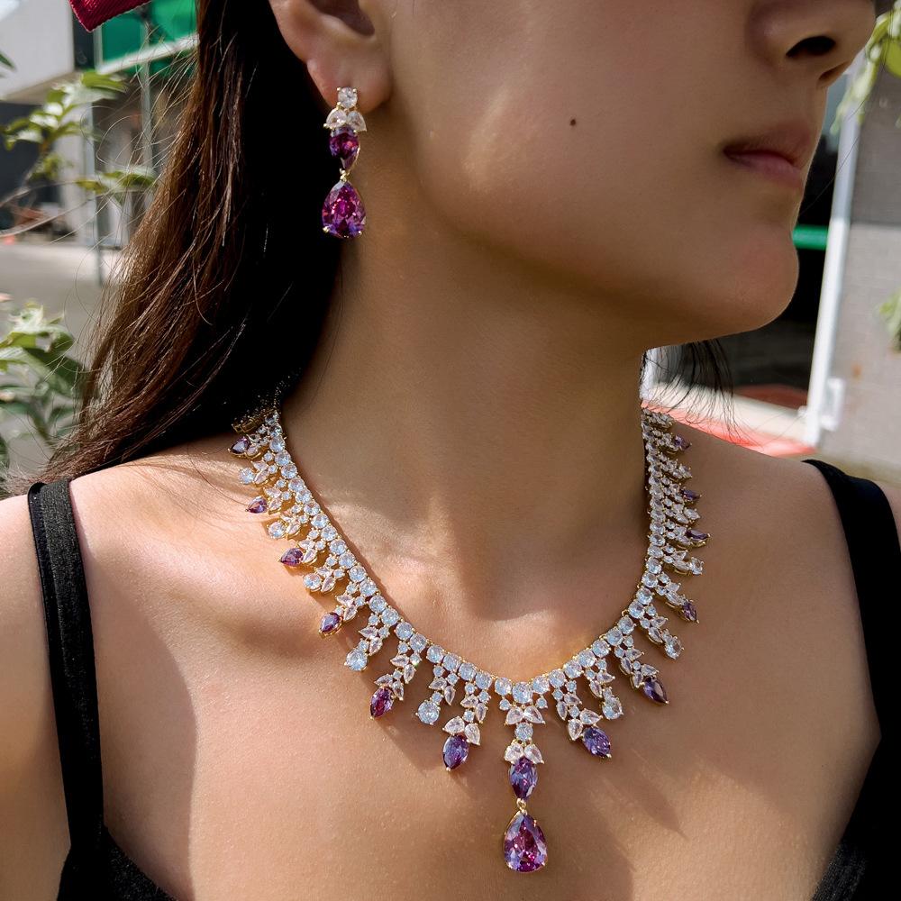Lila Wassertropfen Halskette Ohrstecker Set Brautkleid Leichter Luxus Hoher Sinn Schlüsselbeinkette Ohrringset Ketten-Accessoires