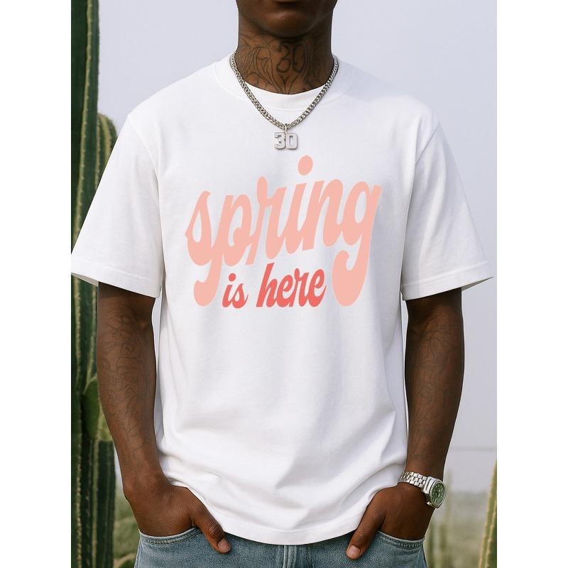 

Men S Spring is Here Graphic T-Shirt - White with Pink Cursive Lettering, Casual Short Sleeve Round Neck Tee, All-Season Fit, Digital Print Technology S белый