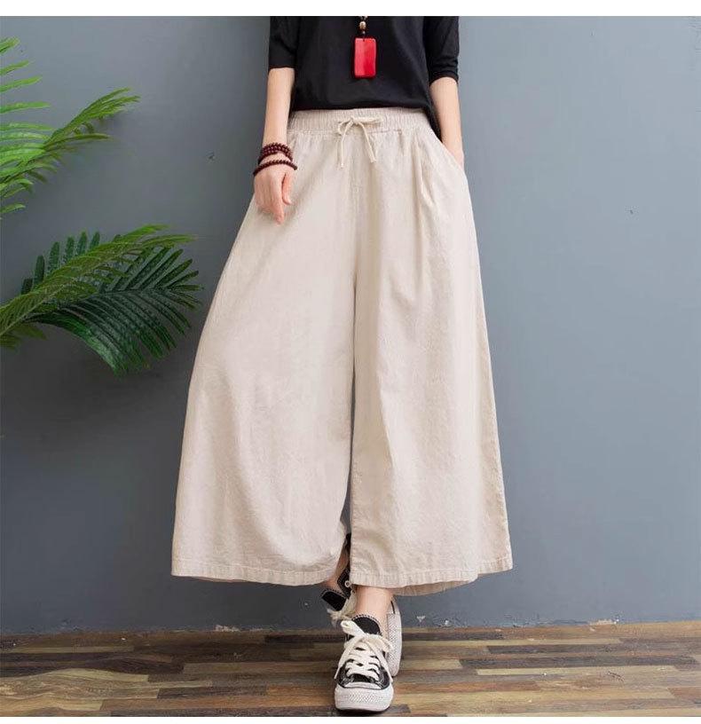 Dámské bavlněné lněné kalhoty nadměrné velikosti Retro kapsy Volné kalhoty Dámské jednobarevné kalhoty s elastickým pasem Dámské