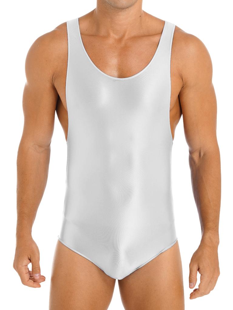 Mens Glossy Stretchy Sleeveless U Neck Leotard Skinny Jumpsuit Wrestling Singlet