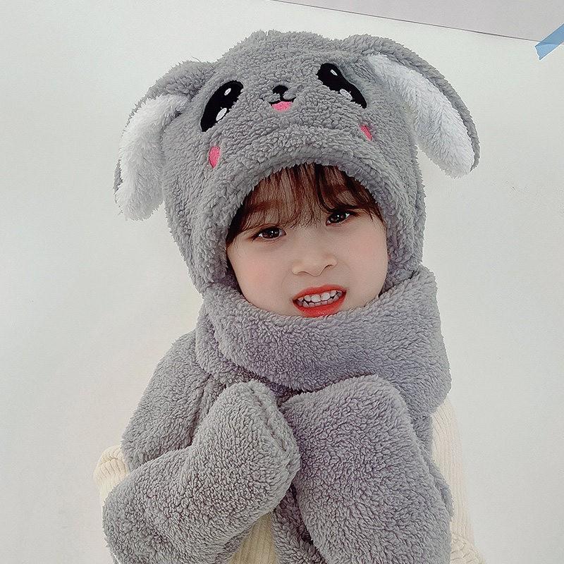Warm Knitted Rabbit Ear Hat With Scarf Kids Women Winter Outdoor Wear Soft Fleece Lined Adjustable Hooded Beanie