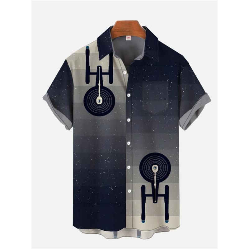 

Мужская рубашка с коротким рукавом и принтом космического корабля, удобная повседневная гавайская рубашка с лацканами, свободная мужская рубашка большого размера 2XL
