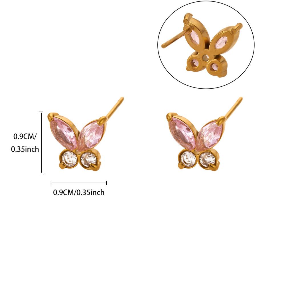 Vierblättrige Kleeblüten-Steckohrringe für Damen, eingelegt mit farbigem Zirkon, vielseitiger Ohrschmuck aus Edelstahl, 18K Gold-beschichtet
