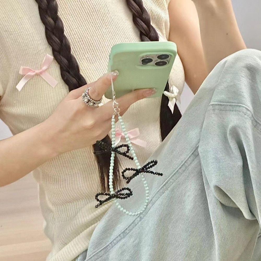 Wrist Strap Bowknot Phone Charm Pearl Beads Phone Lanyard Cell Phone Pendant  Key Chain