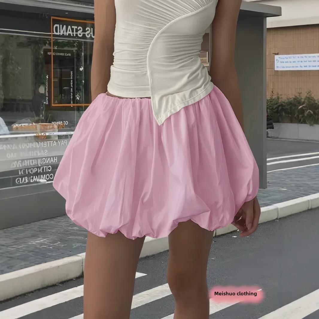 

2024 Trendy Solid Color Waist-Cinched Mini Lantern Skirt Small (S)