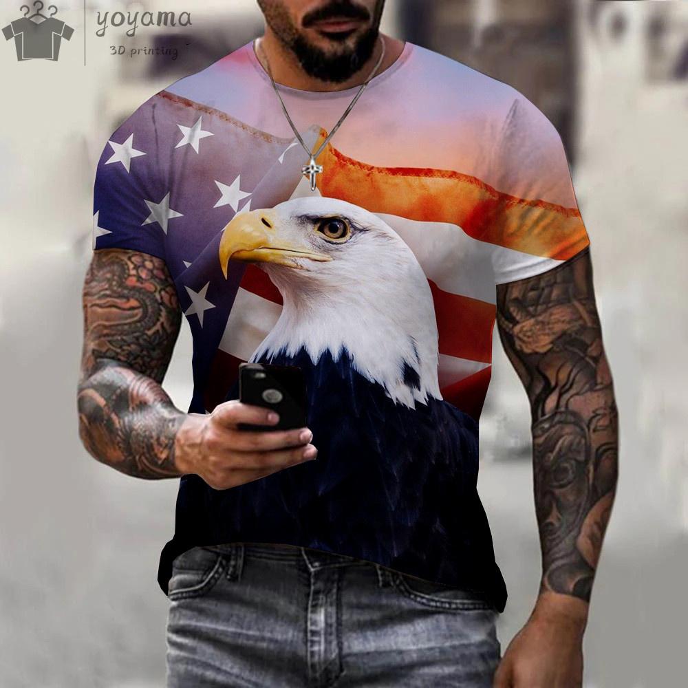 Summer Round Neck 3D American Flag Eagle Graphic Print Top Fashionable Casual Short Sleeved Men's T-shirts