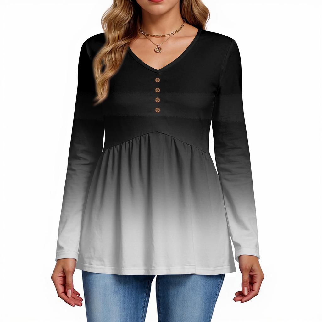 Women's Casual Fashion V-Neck Button Gradient Long Sleeve Top