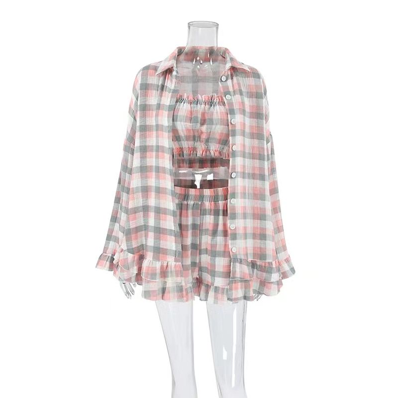 

Fashion Style Pattern Ruffle Top Tube Top Shorts Three-Piece Checkered Three Piece Set Plaid S