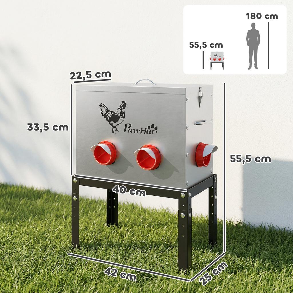 Automatic Chicken Feeder 27L, 6 Ports, Adjustable Height, Lockable Lid, 42x25x55cm, Steel, Silver