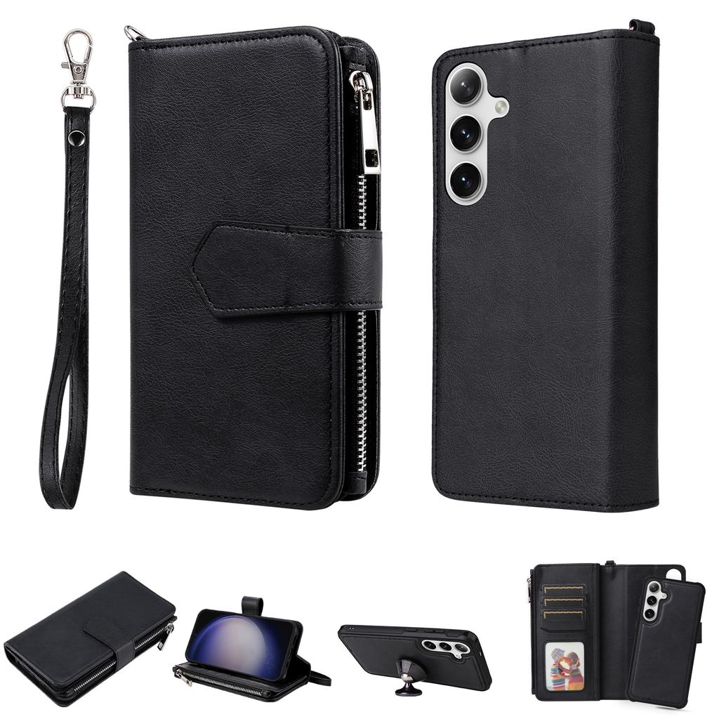 For Samsung Galaxy S25/S24 Magnetic Leather Case Mobile Cover with Detachable Zipper Wallet Strap