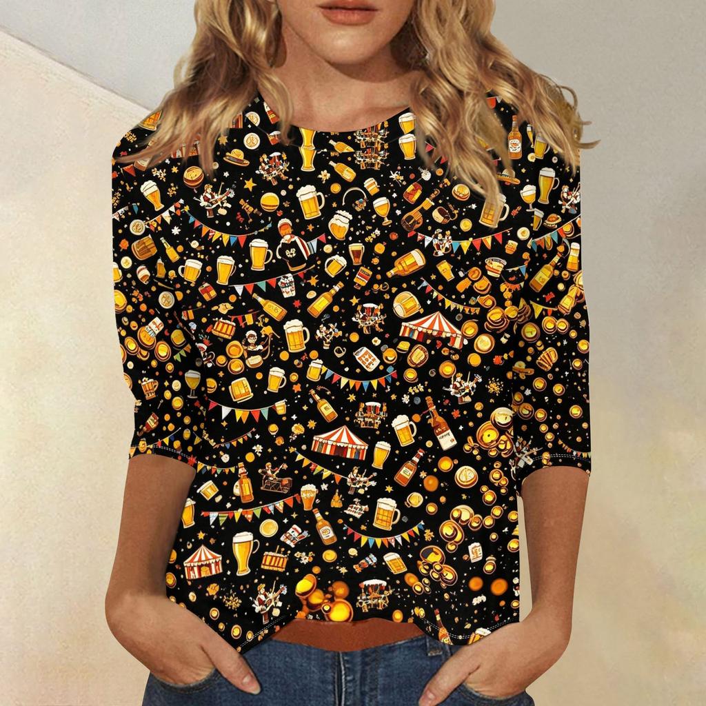 Women's Casual Three Quarter Sleeve Round Neck Top Oktoberfest Beer Print Lightweight Comfortable Fit Pullover Shirt