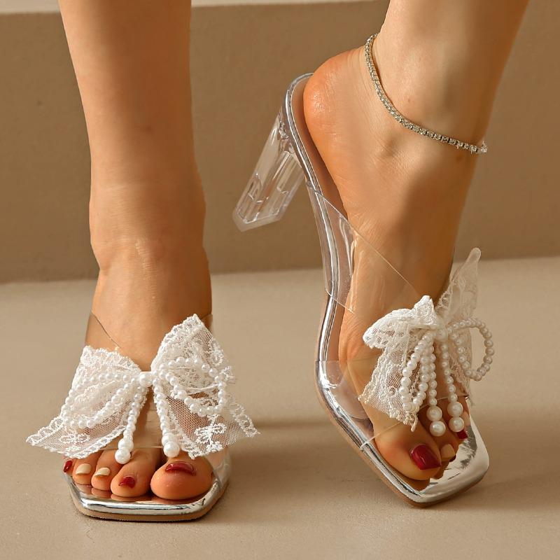 Fashion Crystal Heel Flip-Flops Summer New Square Toe Open Toe Lace Pearl Bow Block Heel Shoes