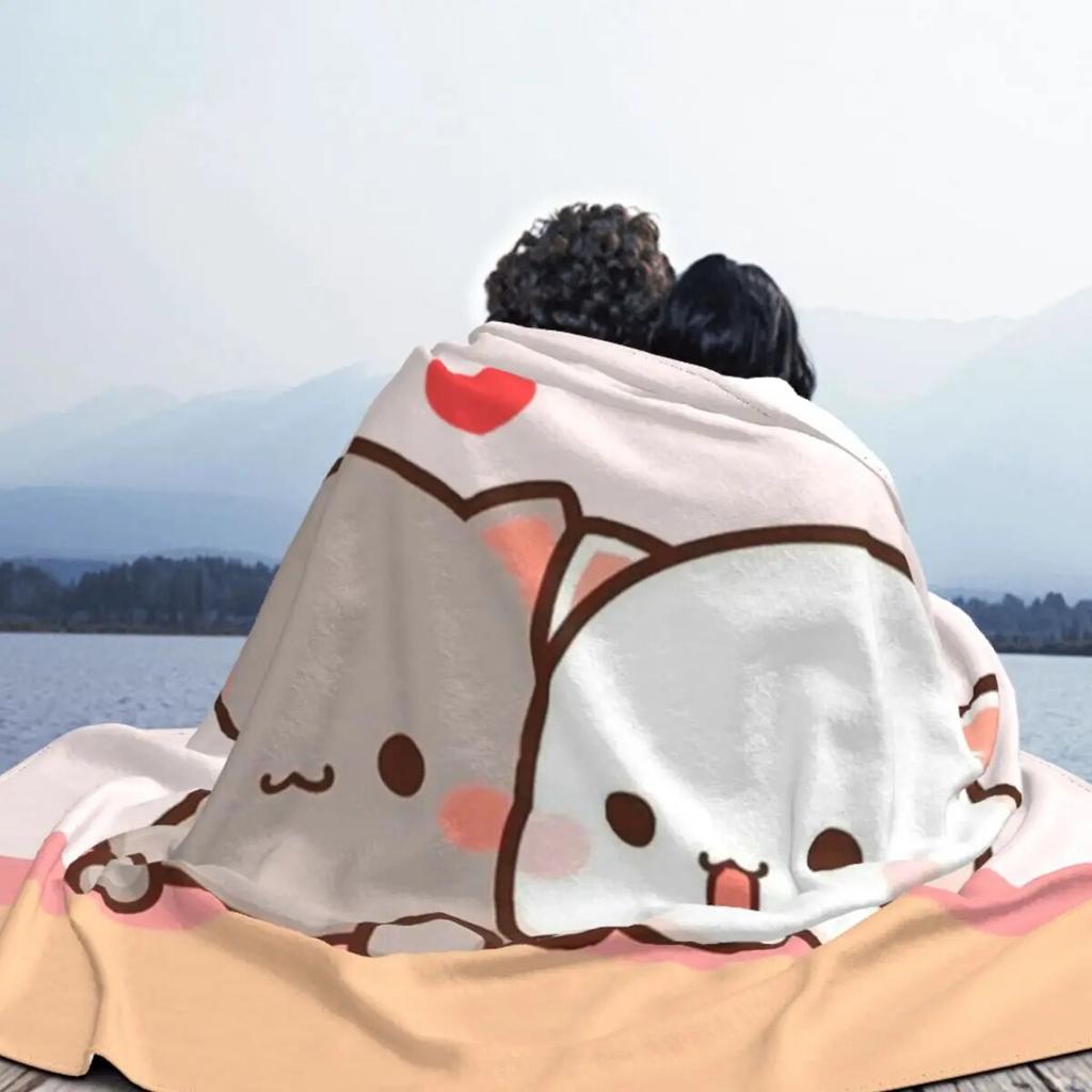 Peach And Goma Mochi Cat Teppe Korallfleece Plysj Høst/Vinter Bærbart Tynt Kasteteppe til Hjem Soverom Plysj Tynt Dyne