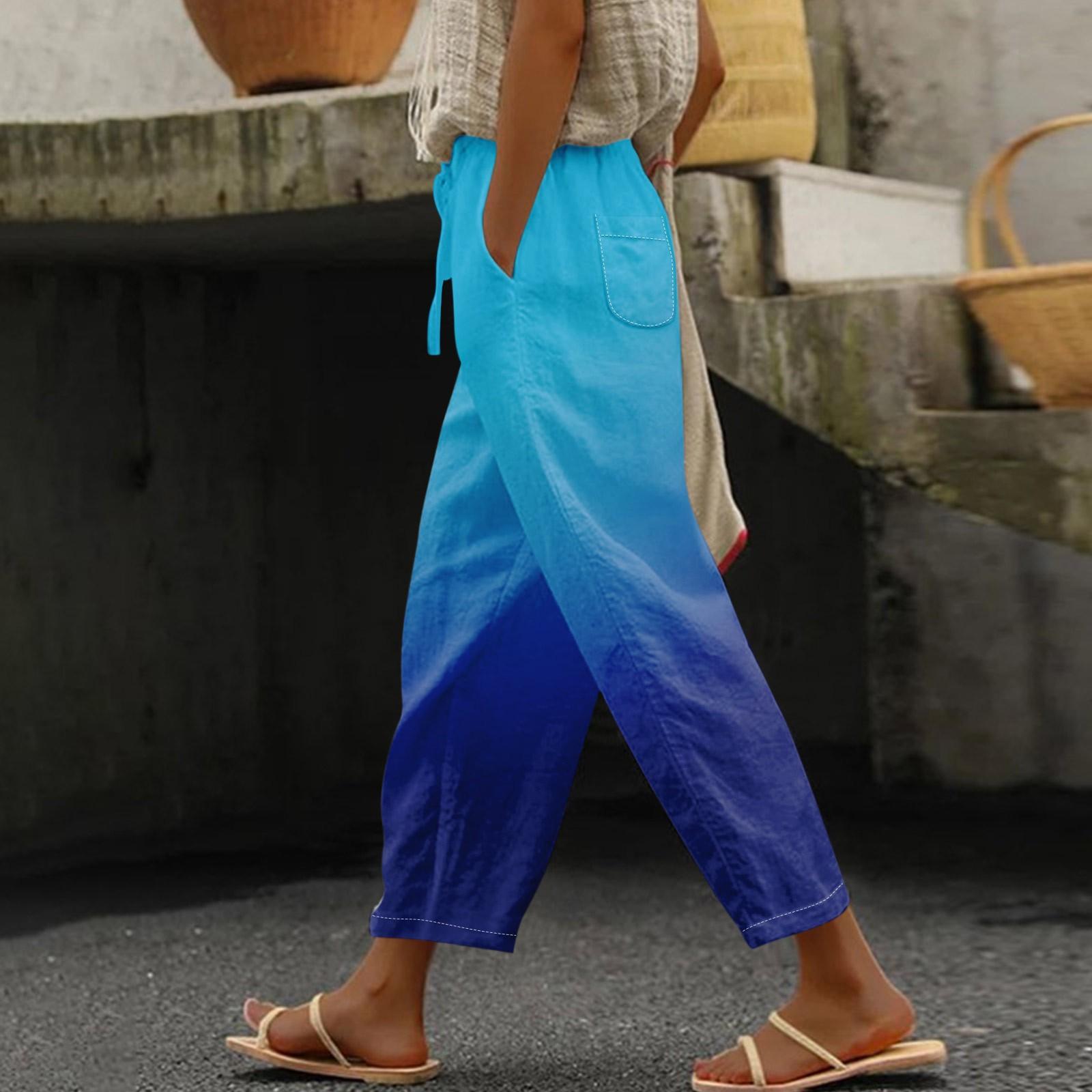 

Женские повседневные брюки. Модные повседневные брюки с градиентным принтом и карманами. M синий