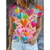 Women's T-shirt Printed with Colorful Hearts, Round Neck Short Sleeves, Full of Vibrant Colors