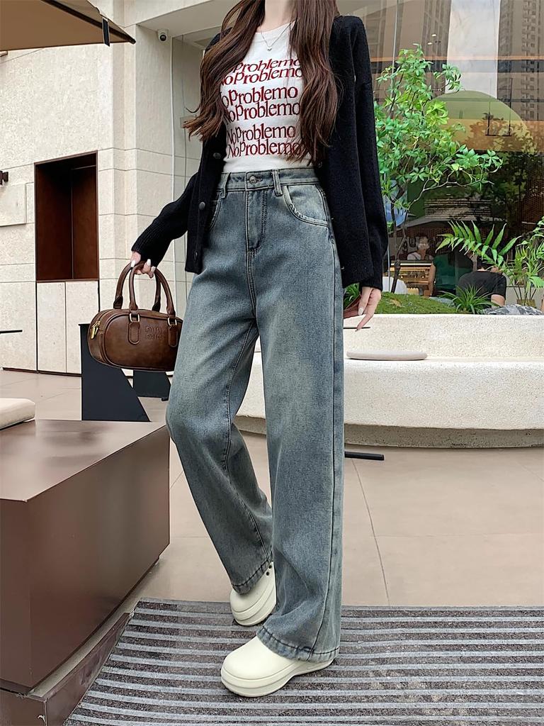 JINJUDUO Loose Fit Wide Leg Denim High Blue Size M Women's Pants, Waist, Stylish, Gray, Spring/Summer/Autumn,