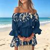 2026 European and American Sexy Fashion One-word Shoulder Print Dress Women's Clothing