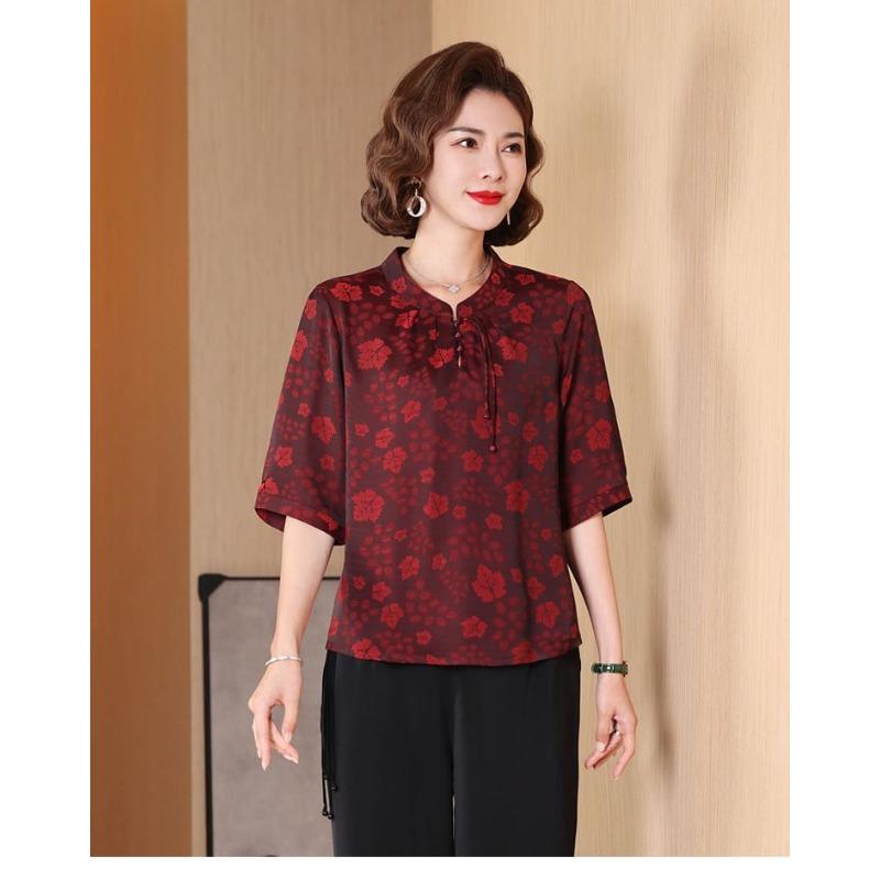 Chinese Summer Chiffon Shirt Mid-sleeve Stand Collar Middle-aged and Elderly Women's New Summer Small Shirt Loose Top