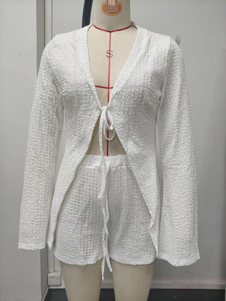 2026 European Summer Women's Solid Color Tie-Up Top and Shorts Set