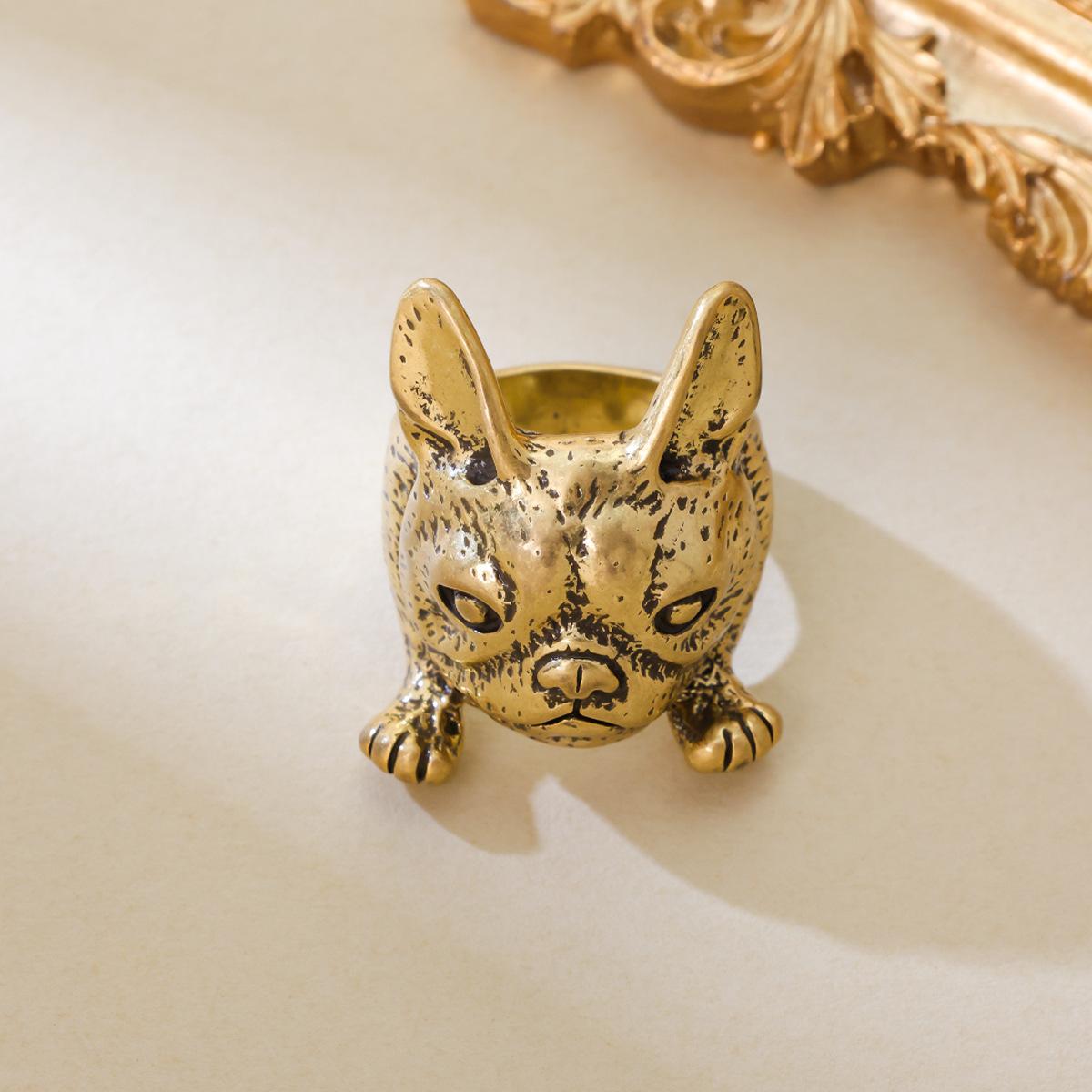 Vintage Western Style Antique Brass Cute Little Dog Ring With Heavy-duty Quality High-end Feel