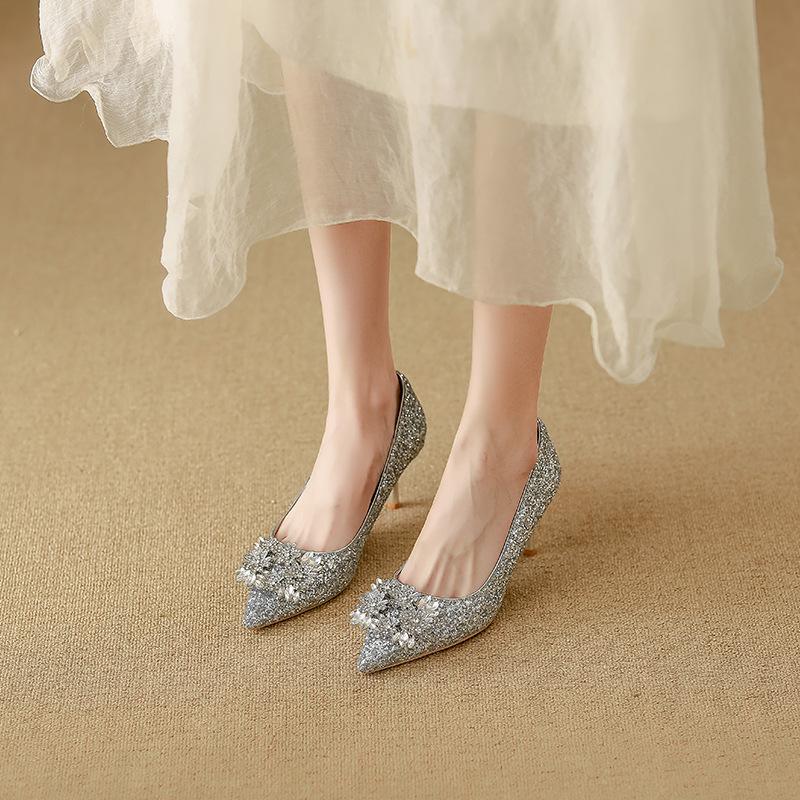 Leather Xiuhe Dress Wedding Shoes Women's 2025 Red Sequins High-end Stiletto Chinese Bridal High Heels Are Not Tired