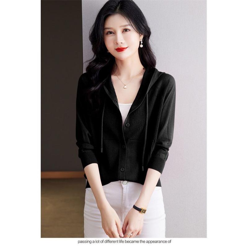 Ice Silk Knitwear Hooded Cardigan Jacket Short Loose Bottoming Shirt Thin Women's Autumn Sweatshirt