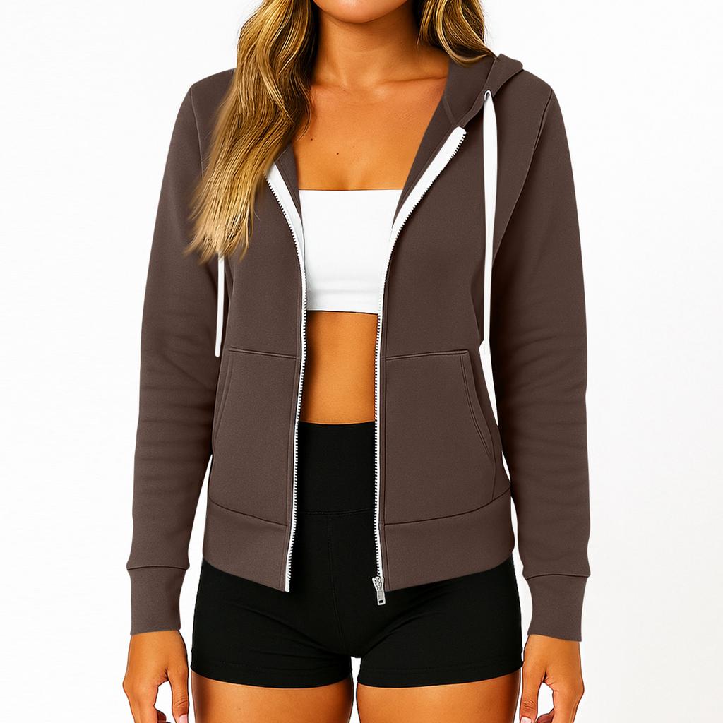 Women's Fashionable Solid Color Long Sleeved Hooded Pocket Zipper Casual Sweatshirt Jacket