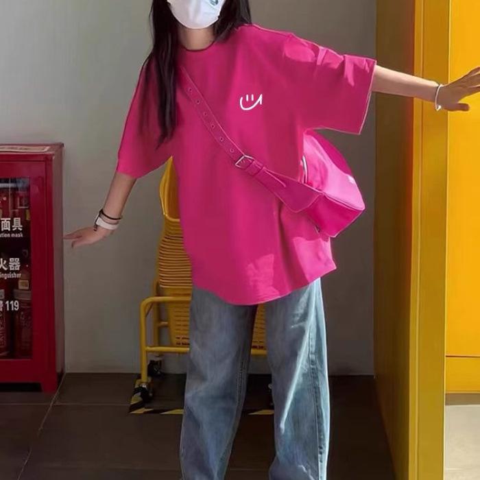 

Niche popular loose front shoulder short sleeves 2025 summer dopamine wear with rose red cotton t-shirt top for girls S