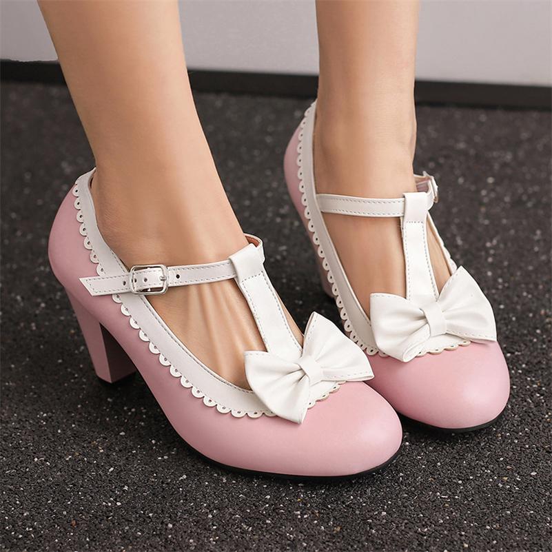 Women Lolita Mary Janes Pumps Round Toe Thick High Heels Buckle Bow T-tied Kawaii Ladies Fashion Cosplay Shoes Spring Autumn 46