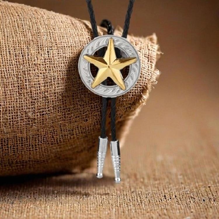 Western Cowboy Vintage Metall Stern Abzeichen Anhänger Bolo Krawatte Geflochtene Lederseil Kordel Krawatte Halskette Schmuck Halsbekleidung