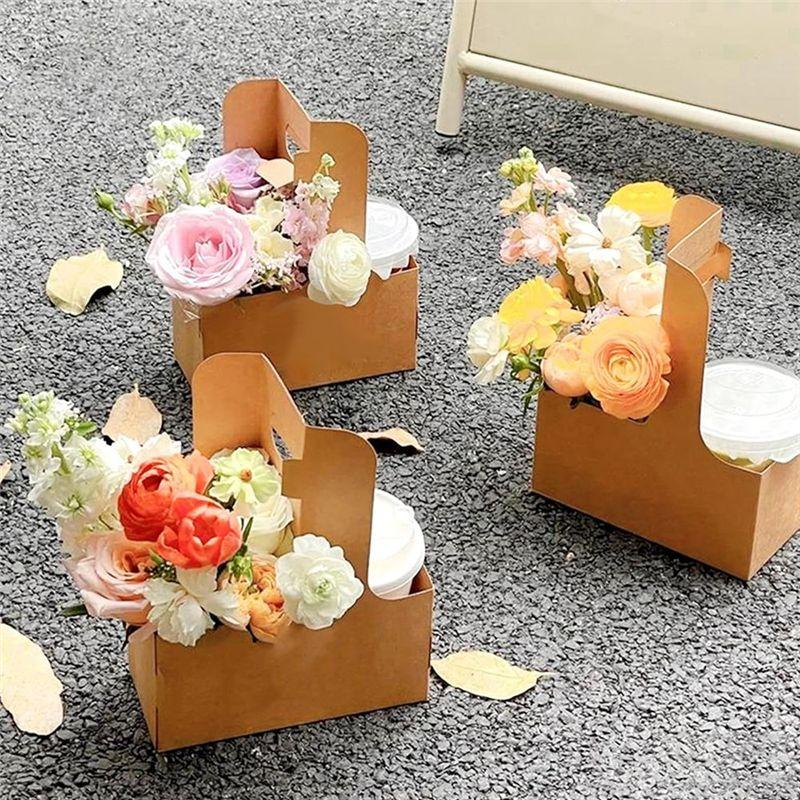 Good-Kraft Flower Gift Bags 25Pcs Drink Carrier With Handle To 2 Cup Rectangle Floral Wrap Packing Box Kraft Flower Holder