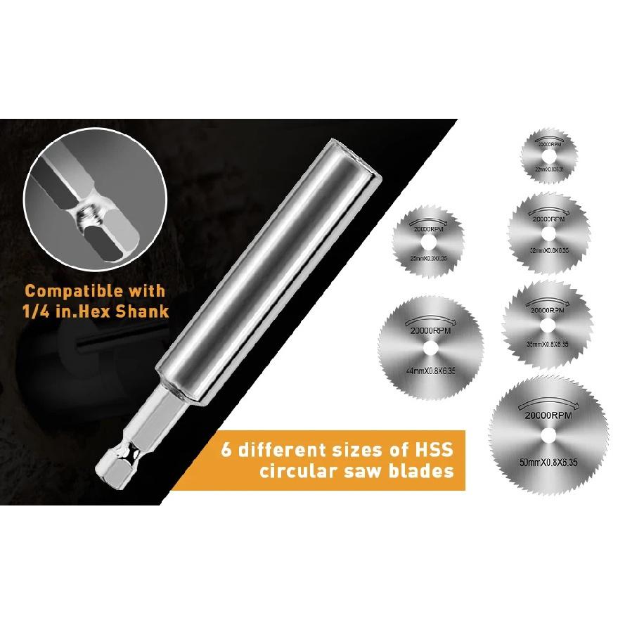Rotary Tool Cutting Discs with 6pcs Steel Saw Blades, 2pc 1/4 Inch Hex Short Shank and Long Shank,for Cutting PVC Pipe.Wood
