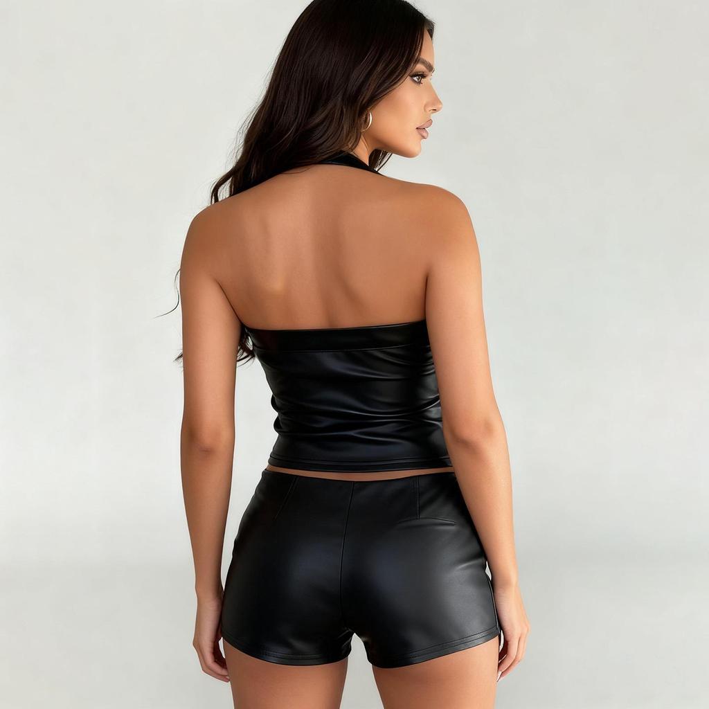 Sexy Street Style Leder-Neckholder-Top - Einfarbig, Tief ausgeschnitten Trendige Kleidung