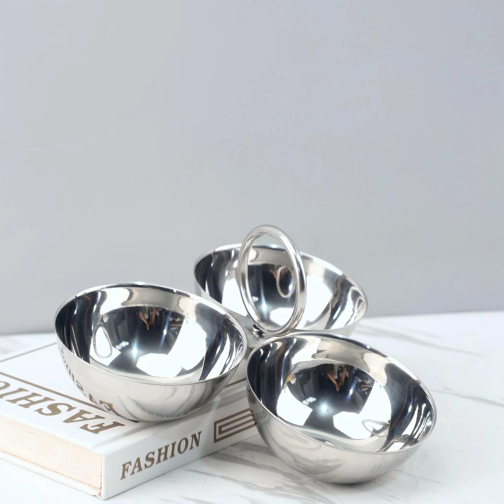 Boles de Acero Inoxidable para Servir de 3 Compartimentos Pulido Espejo Platos Divididos para Snacks Comida Fiesta Hogar Cocina Comedor Contenedores de Comida