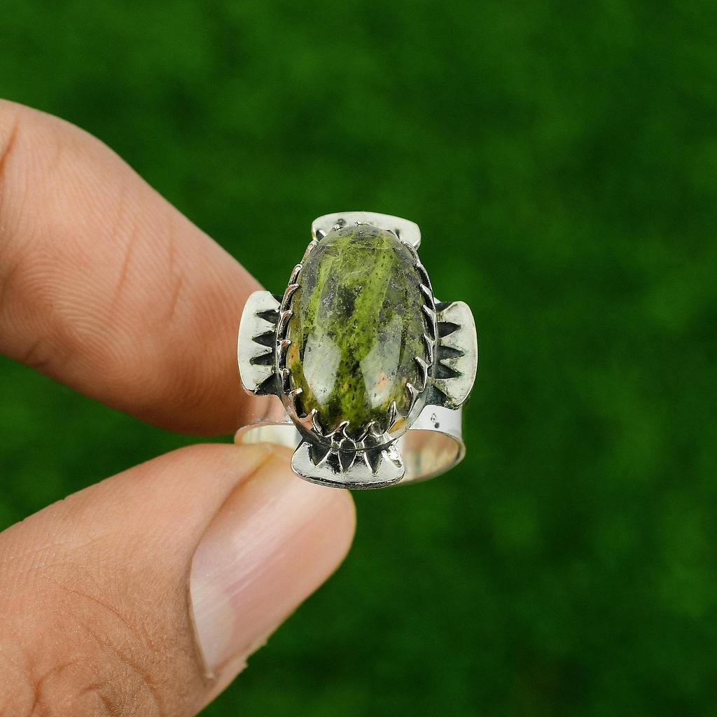 Oval Unakite Stone Sterling Silver Promise Birthday Statement Handmade Ring US 6