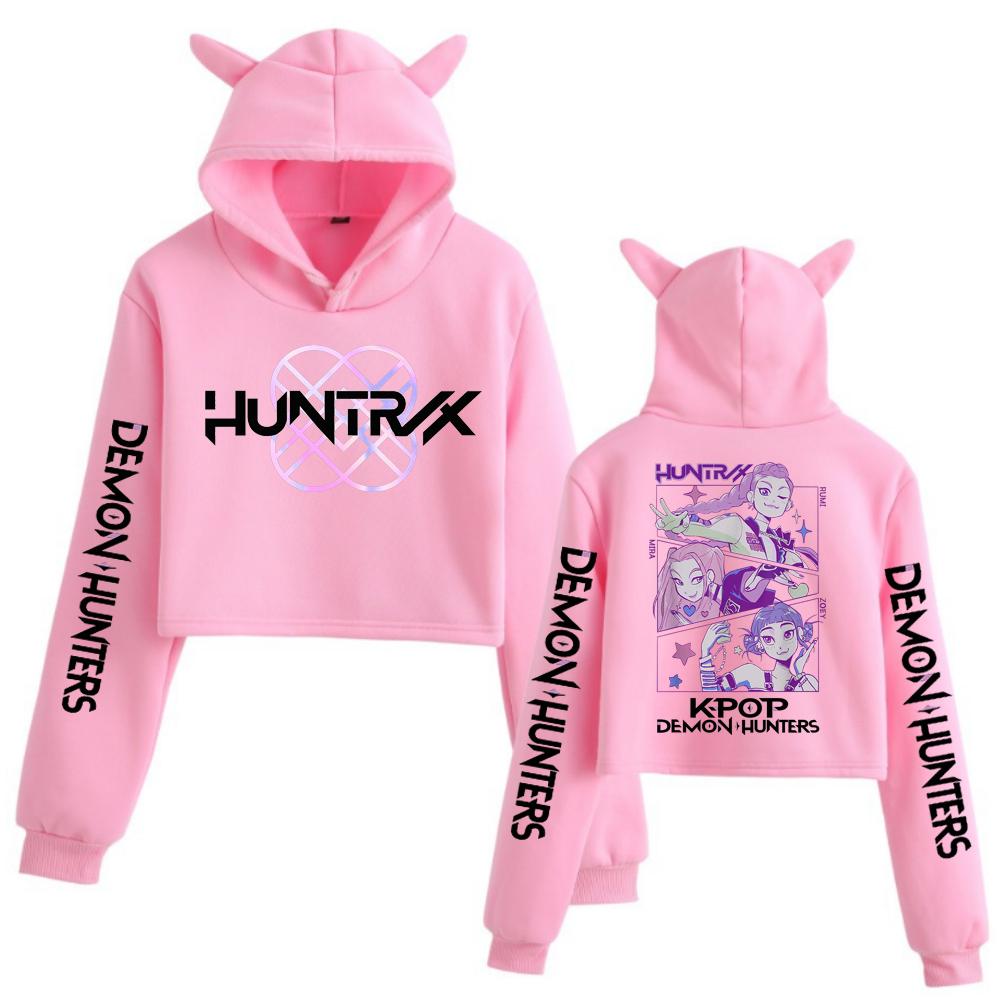 Kpop Demon Hunters Crop Tops Cat Ears Sweatshirt Long Sleeve Girls Fashion Hoodie