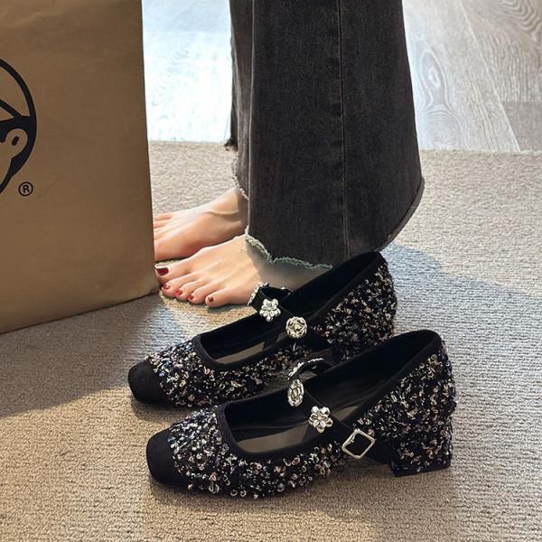 

Туфли на каблуках 2025 Мода Женская Женская обувь Розовое Платье Блеск Мэри Джейн Блинг Корейская обувь Женская 39