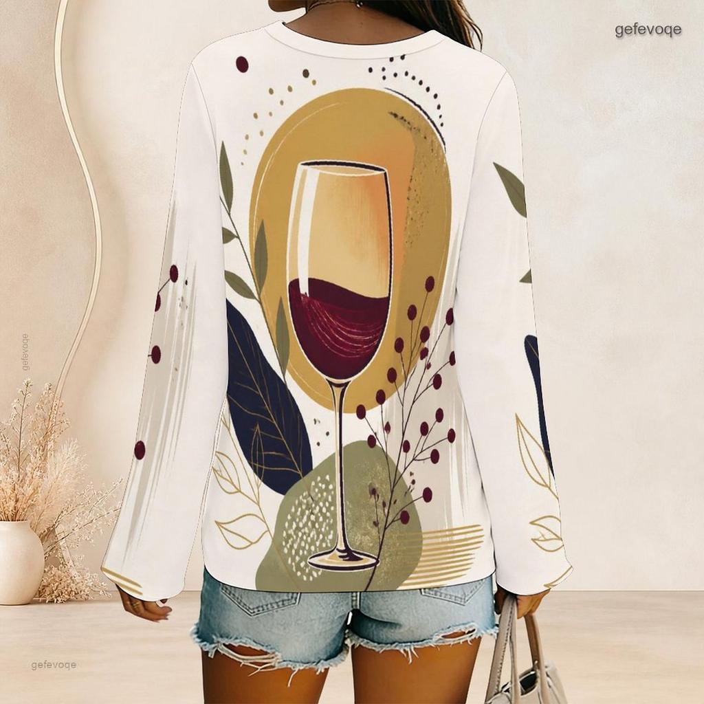Women Plus Size V Neck Long Sleeve White Star Moon Printed Top Curved Hem With Pockets