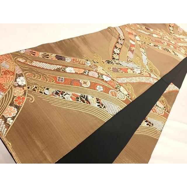 Used Heiwa-ya Kimono Rokutsu Style Fukuro Obi, Karaori Weave, Auspicious Flower and Butterfly Pattern, Gold and Silver Thread, Pure Silk,