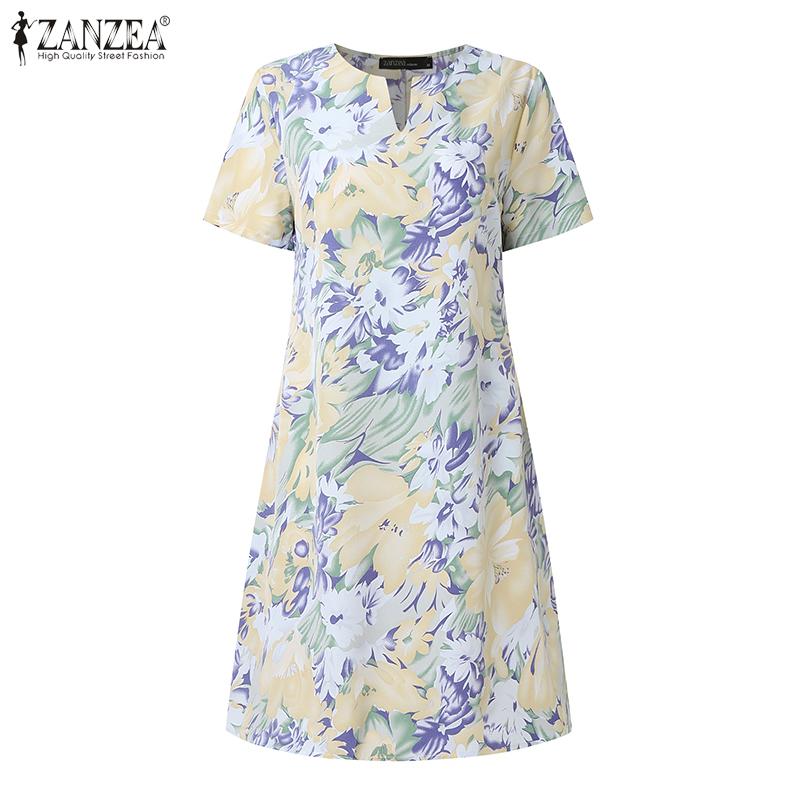 ZANZEA Women Casual Round Neck Short Sleeve Floral Print Dress