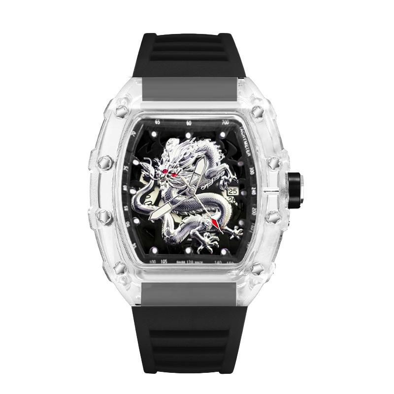 Domineering High-Value Fashion Trend Luminous Waterproof Wine Barrel-Shaped Men'S Watch Silver Dragon