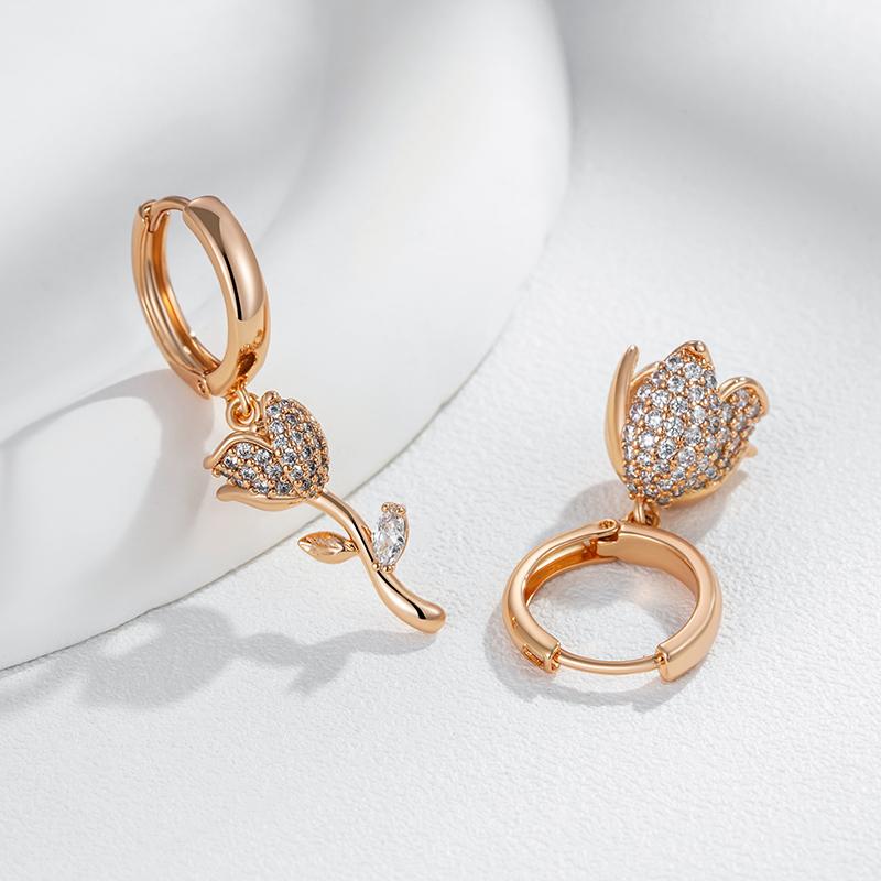 Rose Gold Color Asymmetrical Big Drop Earrings For Women Full Shiny Natural Zircon Accessories Daily Fine Jewelry