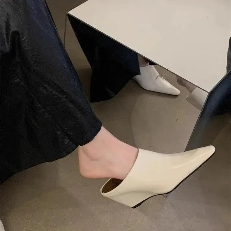 2025European American Baotou Half Women's Soft Leather Slope Heel High Cool Fashion Outwear Thick Lazy Muller Shoes