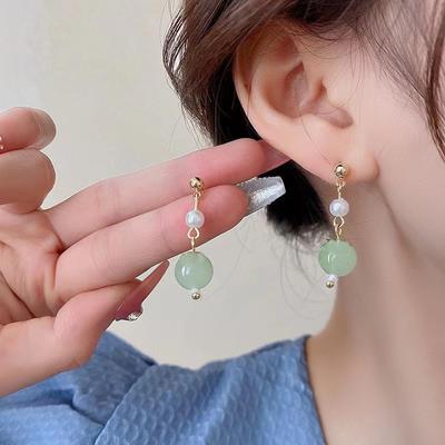 Chinese Style Pearl Anti-Hetian Jade Earrings Cheongsam Classical Jade Stud Earrings Hanfu Earrings Ancient Earrings