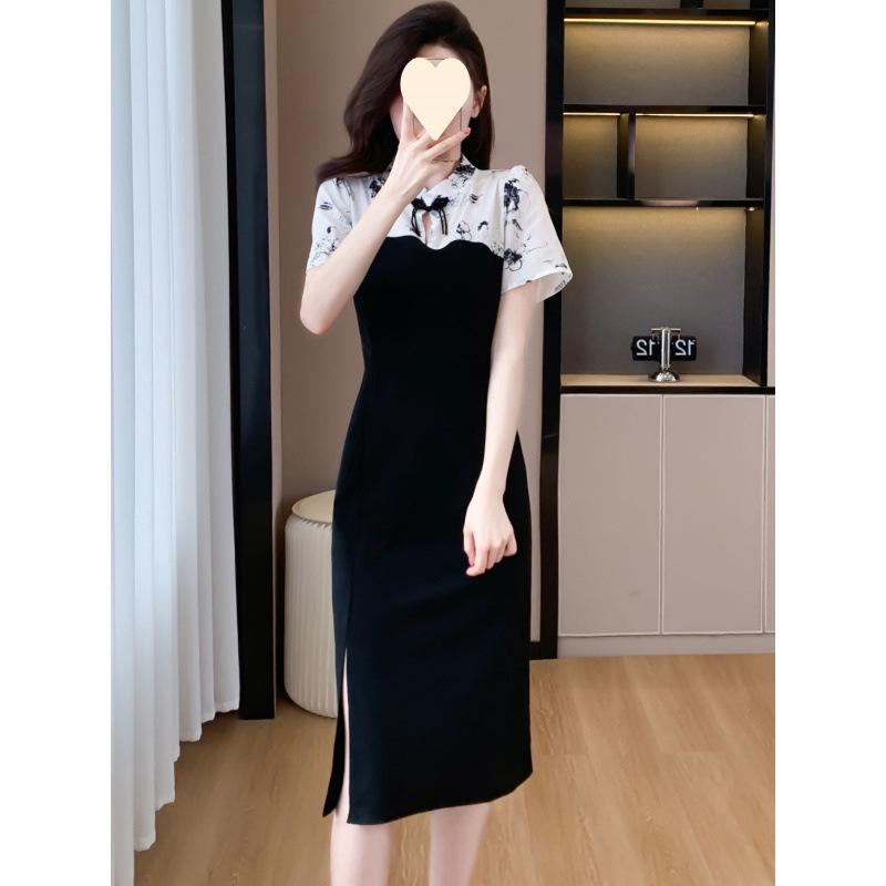 New Chinese Style Cheongsam, Small Disc Button Dress, Summer New Splicing Temperament Meat-covering Short-sleeved Skirt